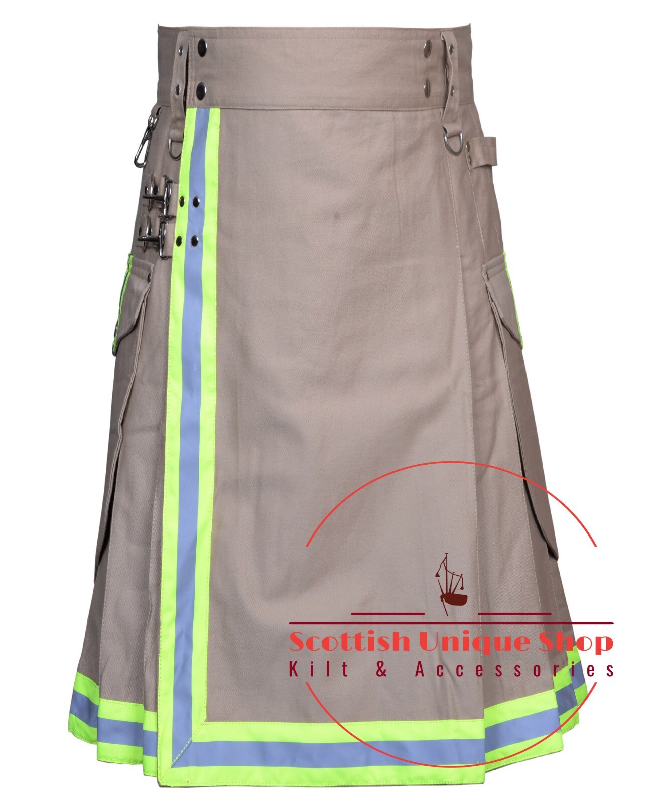 Scottish Handmade Khaki Cotton Firemen kilt – Fire fighter Utility Hybrid Kilt
