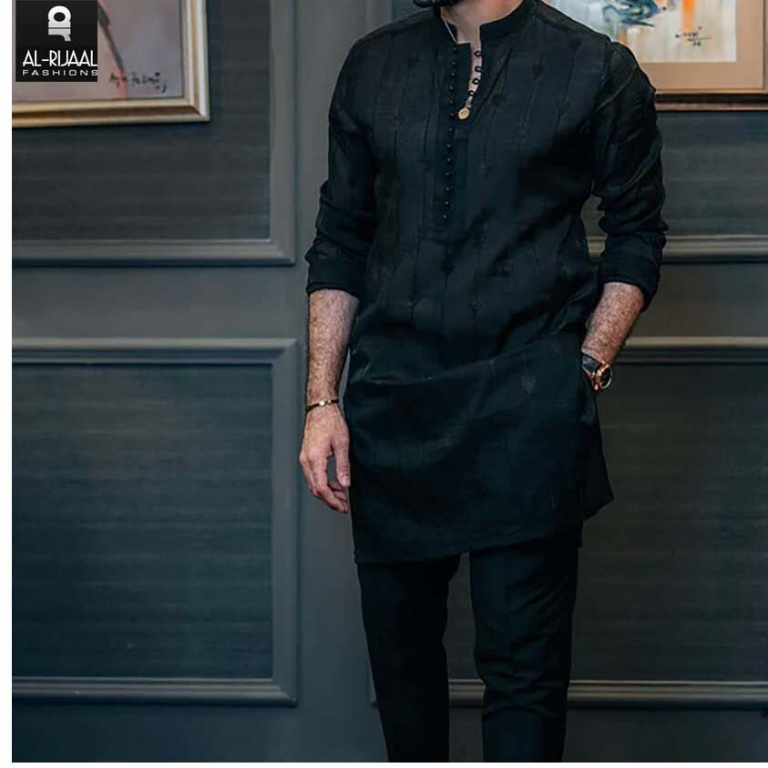 Designer – Black Embroidered Kurta Shalwar (Trouser) Suit for Men
