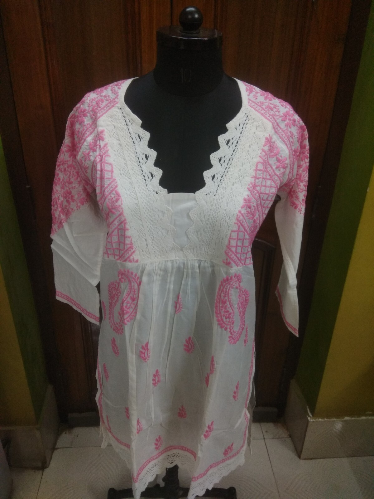 EXCELLENT L 42″ ETHNIC 100% COTTON HANDMADE TOP CHIKAN EMBROIDERY KURTA KURTI