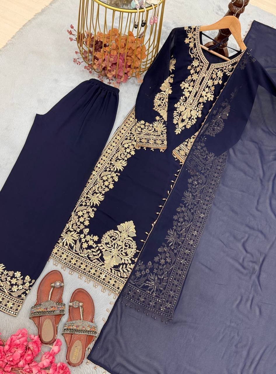 New Designer Georgette Blue Top Palazzo With Dupatta For Indian Party Wear