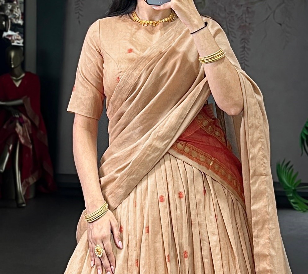 Indian Designer Cream Chanderi Lehenga Choli With Dupatta For Wedding & Party