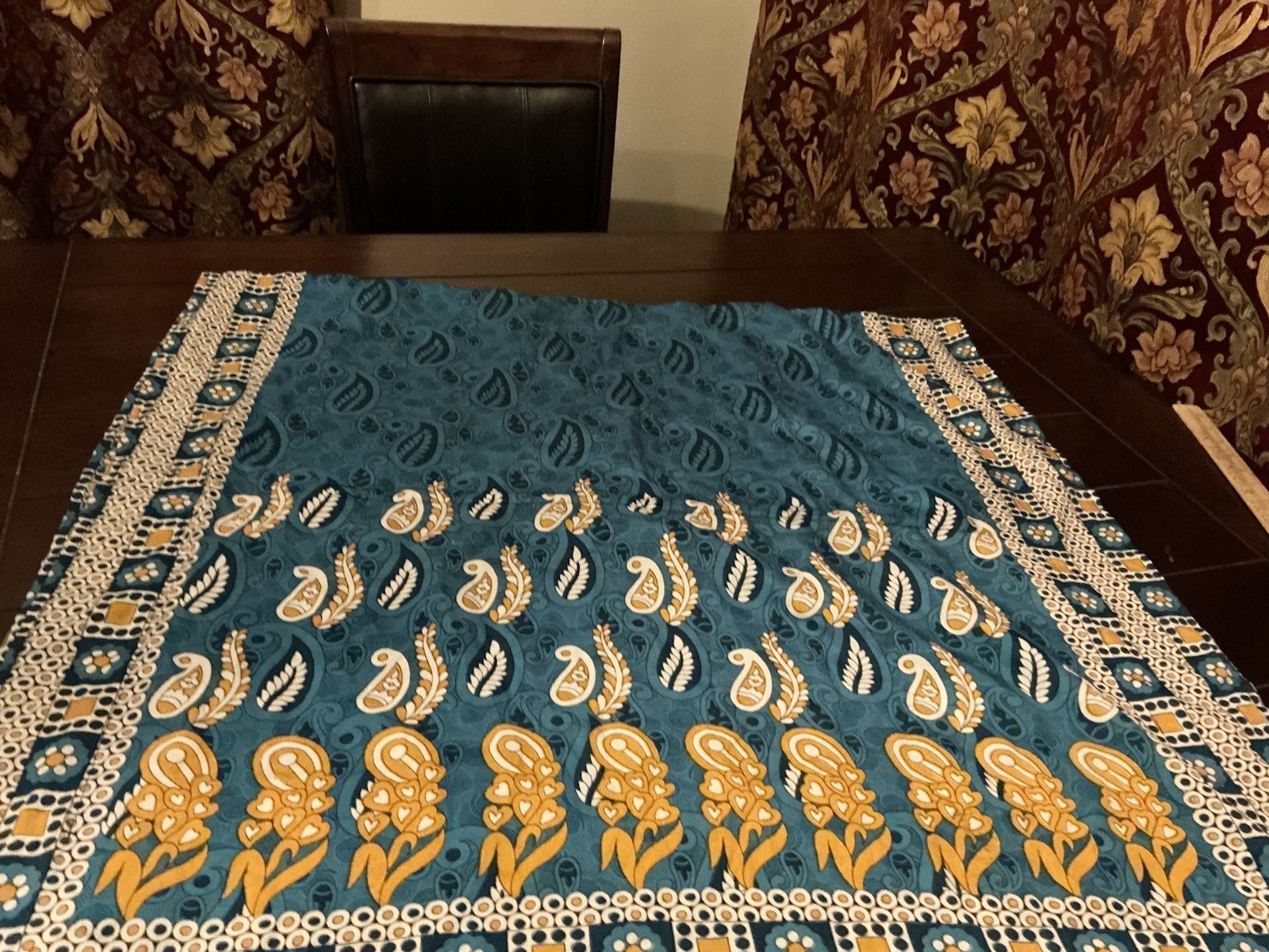Polyester Dashiki poncho caftan Paisley Flower Border Print On Blue drawstring,