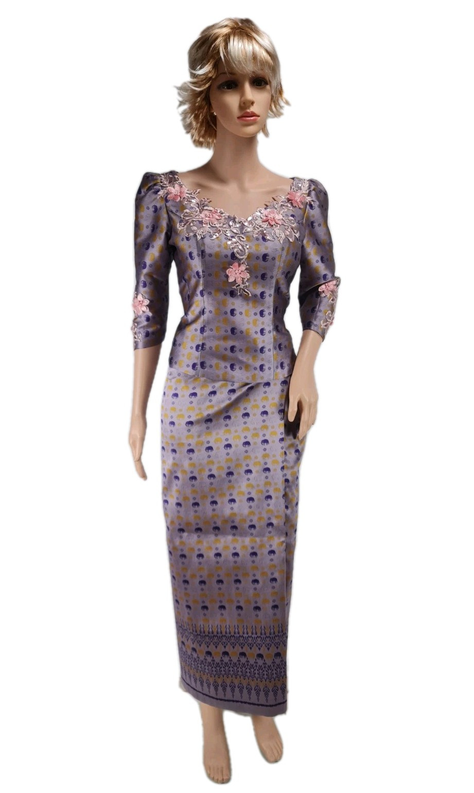 Khmer Cambodia Women Size M Koran Silk Top And Skirt Purple 3/4 Sleeve