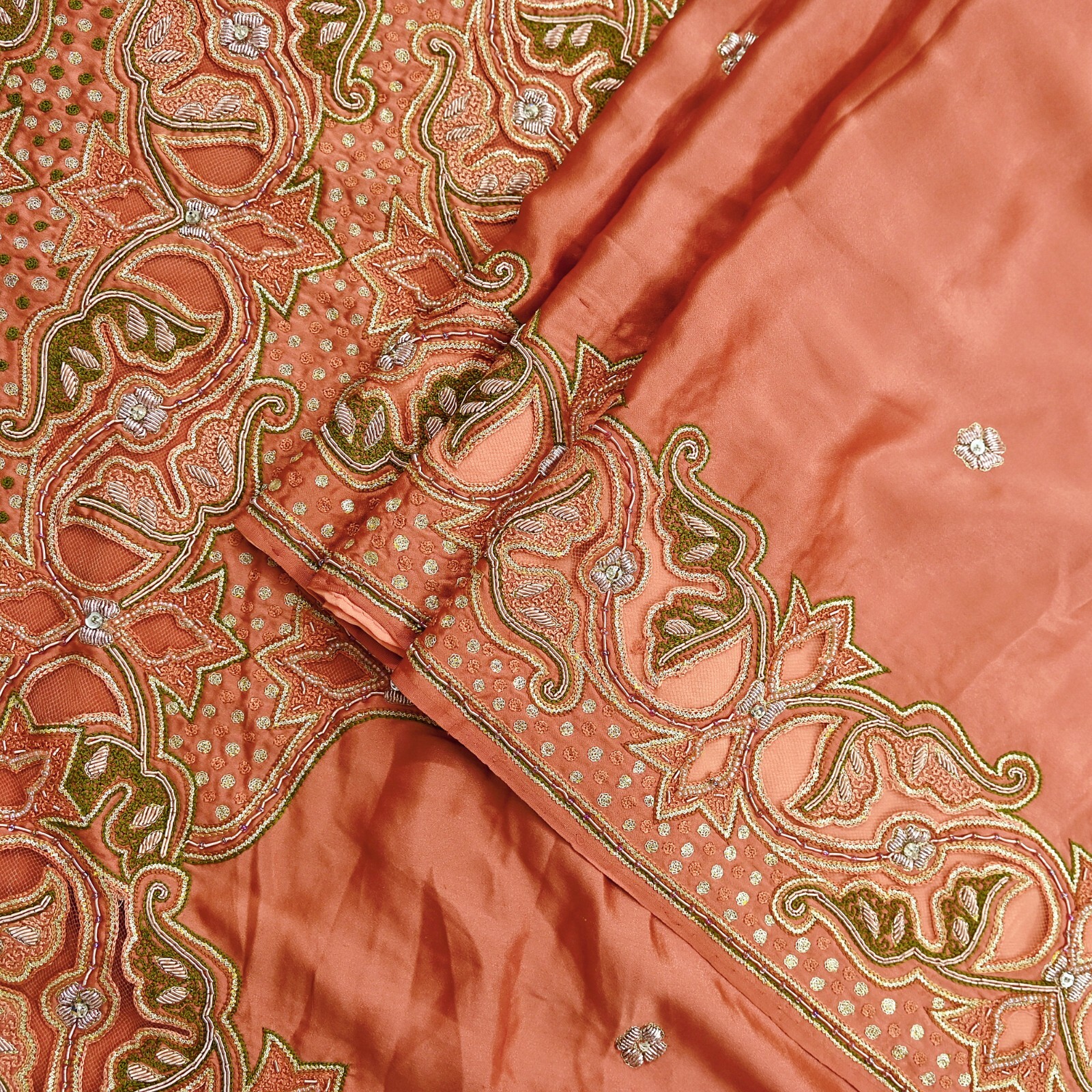 Vintage Heavy Peach Sari Hand Embroidered Saree Pure Satin Silk 5yd Ethnic Dabka