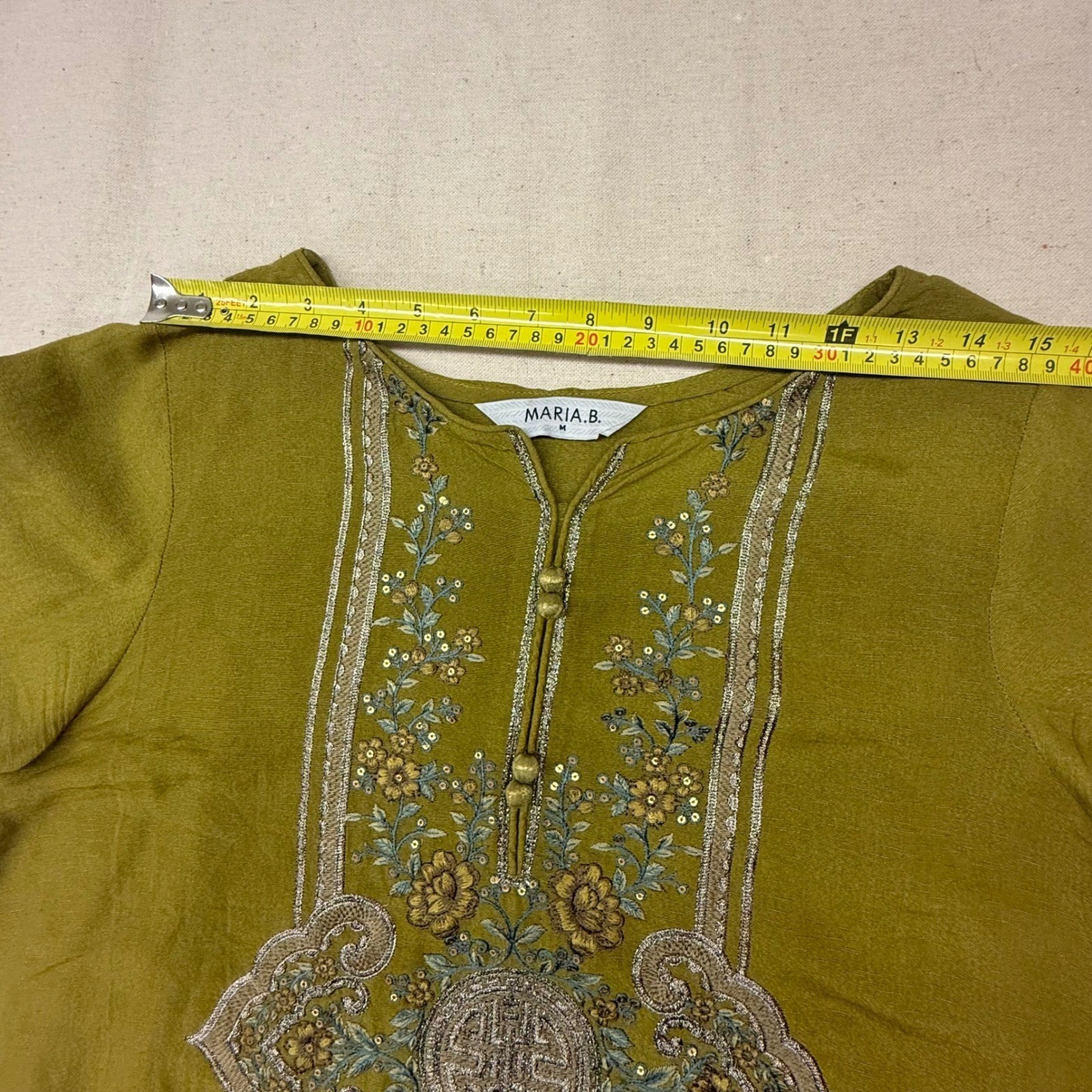 Maria B Olive Green Embroidered Kurta Tunic Women Medium Floral Sequin Lace Trim