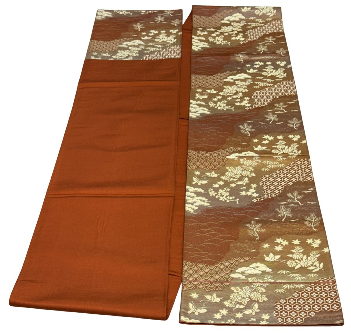 Japanese Vintage Kimono Fukuro Obi silk brown expensive embroidery 167.7×12.2in