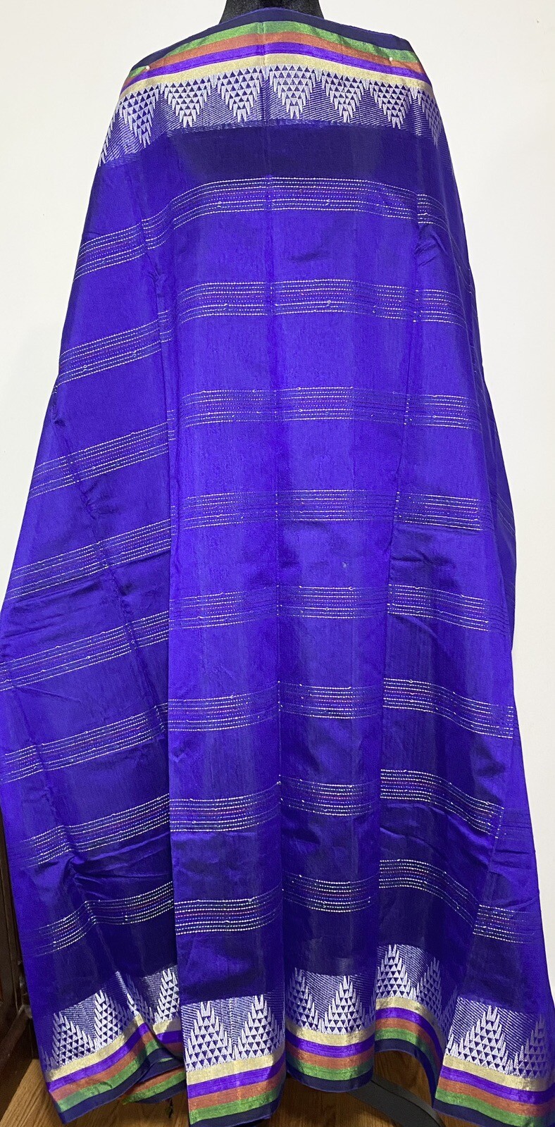 Indian Multicolored Handwoven Saree With Zari Border Silver Zari Kanchi Border