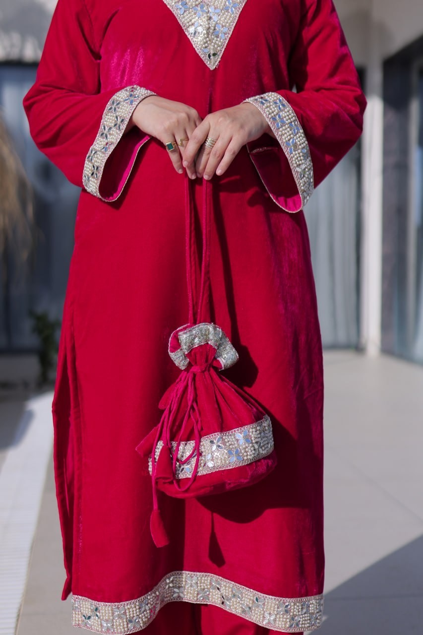 ReadytoWear Velvet Kurti Pant Set | Eid Party Outfit Zari Mirror | S M L XL XXL