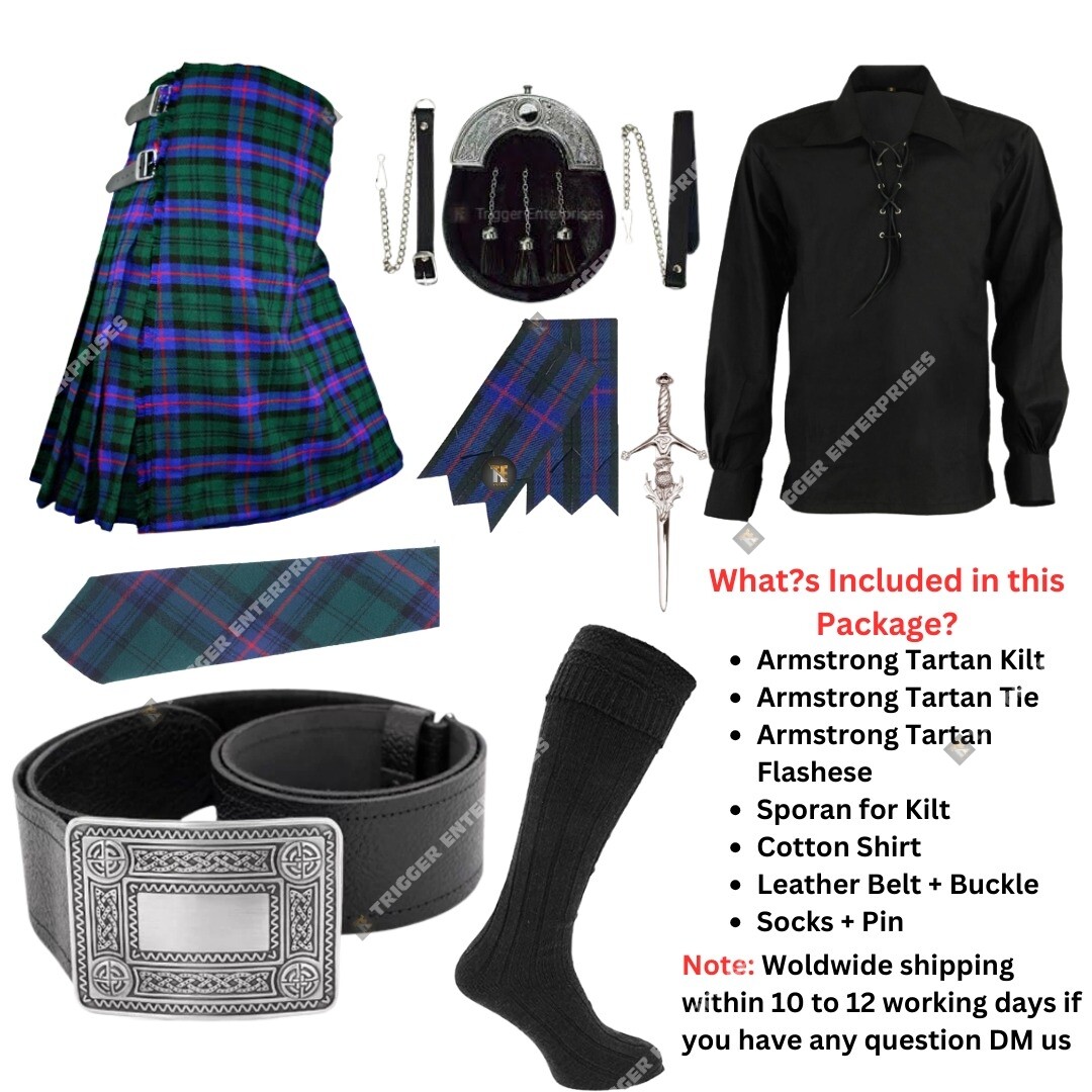 Handmade Men’s 8 yard 16oz Armstrong Tartan Kilt Outfit -Custom Size Available
