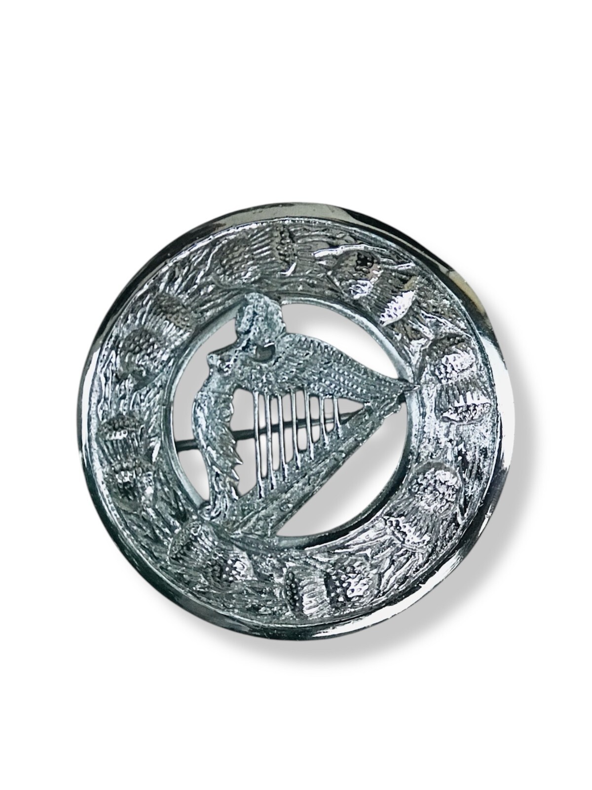 Scottish Harp Badge Brooch Chrome Finish Fly Plaid Brooch