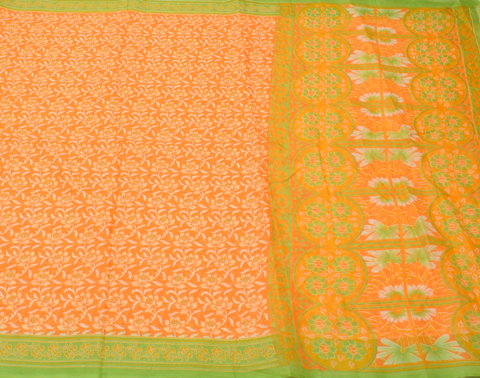 Sushila Vintage Orange Saree Blend Cotton Printed Floral Soft Craft 5 YD Fabric