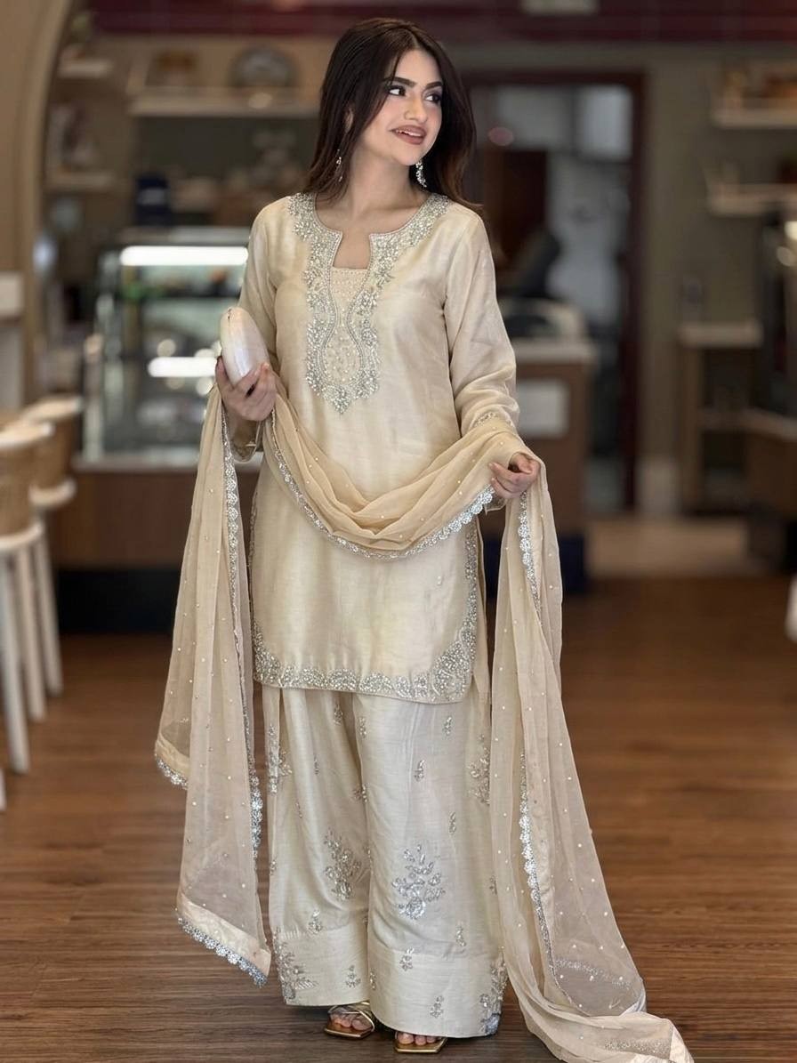 Designer Roman Glass Silk Salwar Kameez With Organza Silk Dupatta For Women