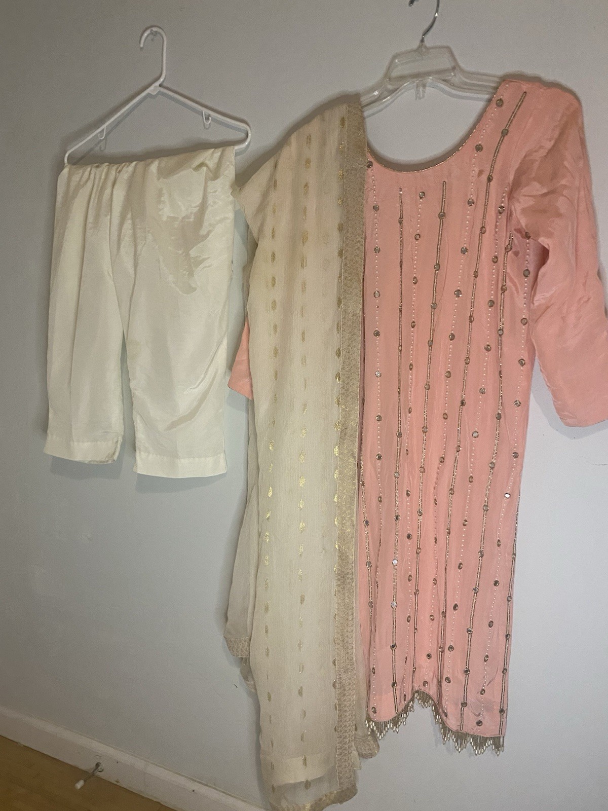 Pakistani Peach Cream Gold pure Silk Salwar Kameez mirror and beads work