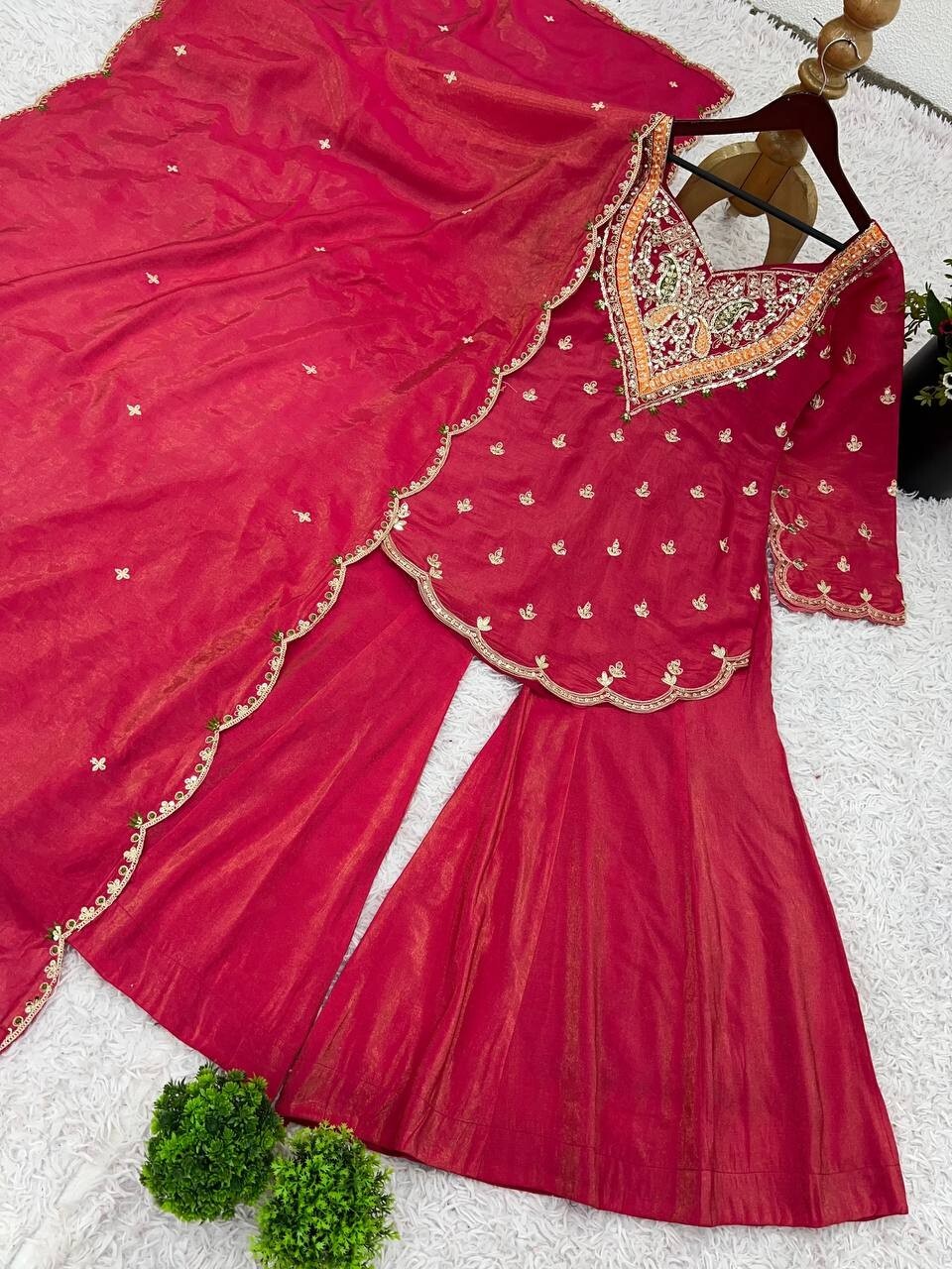 Classy Red Heavy Simar Silk Top And Palazzo With Dupatta For Traditional Wear