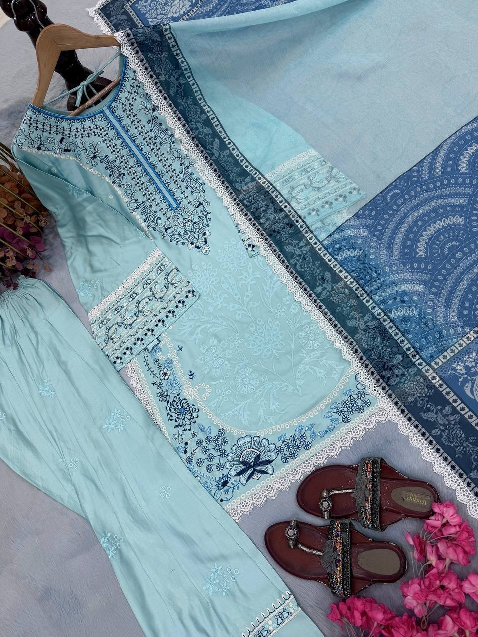 Ready To Wear Sky Blue Satin Rayon Salwar Kameez With Dupatta For Women