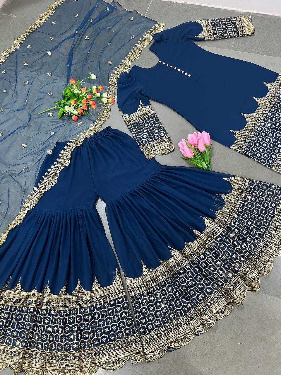 NEW DESIGNER HEAVY FAUX GEORGETTE TOP SHARARA WITH NET DUPATTA FOR WOMEN