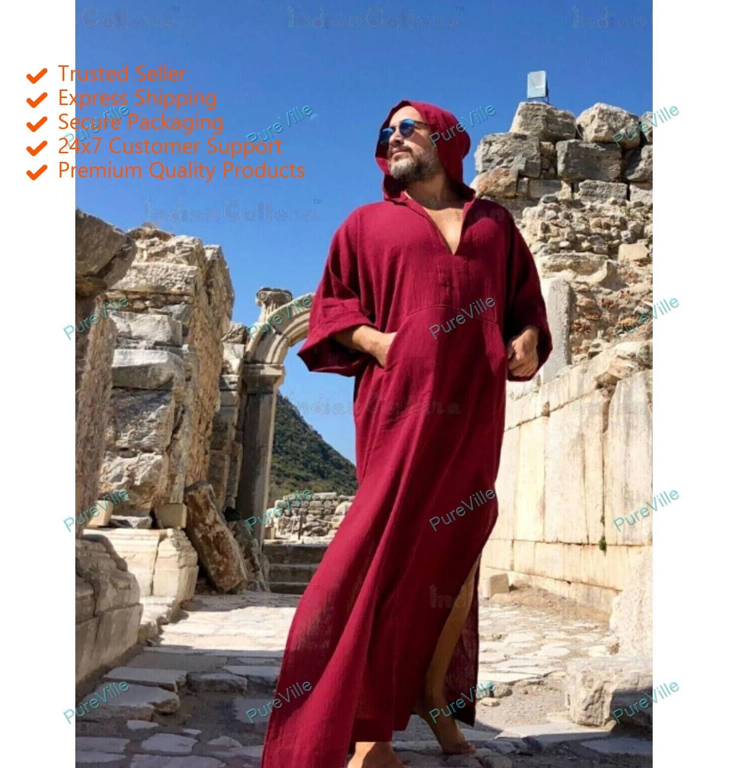 Mens Pathani Kurta Indian Traditional Wear Suit Solid Pattern Dark Red Kurta