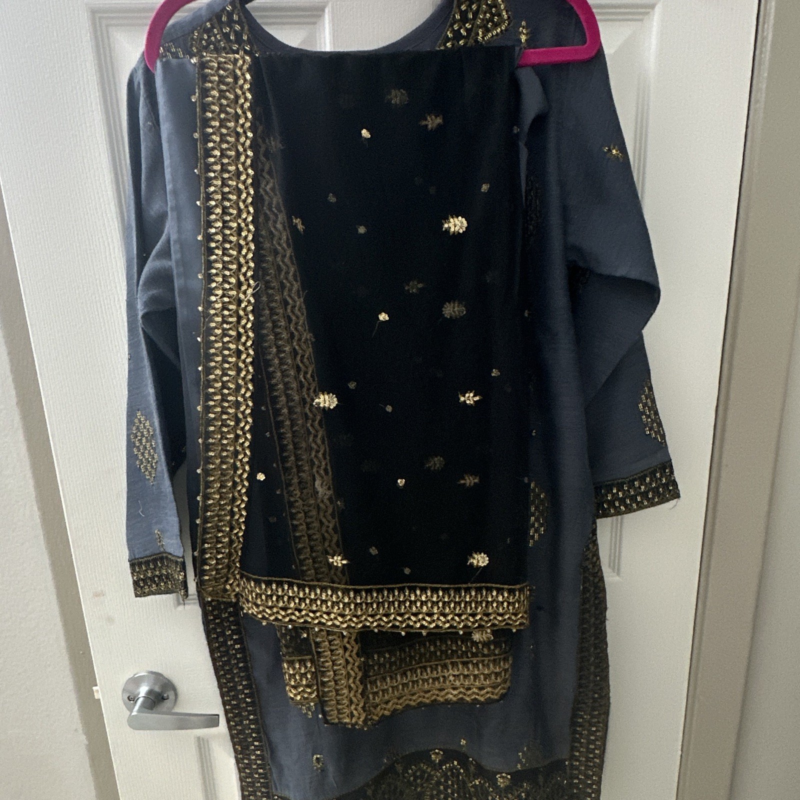 Handmade Blue Chiffon Salwar Kameez w/ Gold Embroidery & Dupatta, Custom