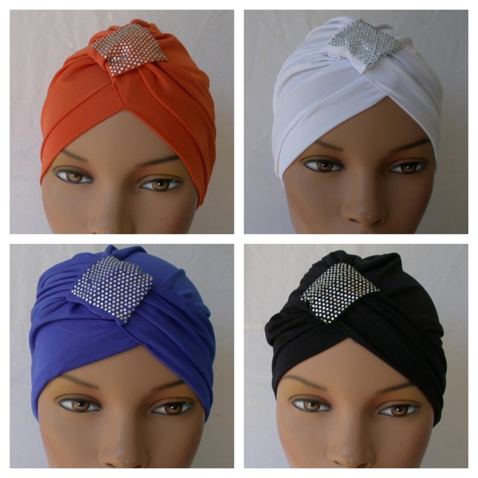 Set of 4 Instant Turban Cap Fun and Flirty Fashion Hat Black White Blue Orange