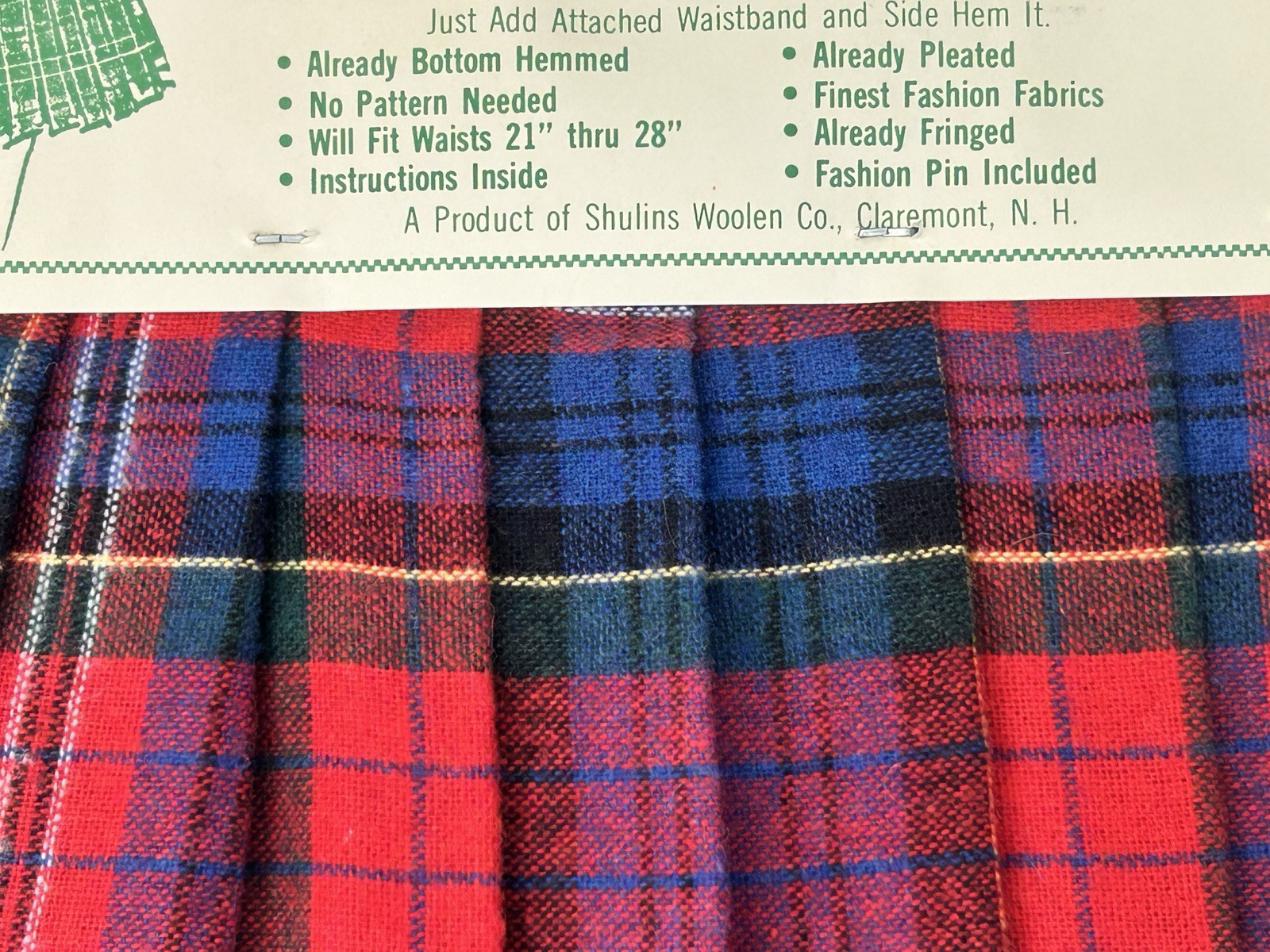vintage highland kilt shulins woolen co plaid Fringed pleated pin womens New NOS