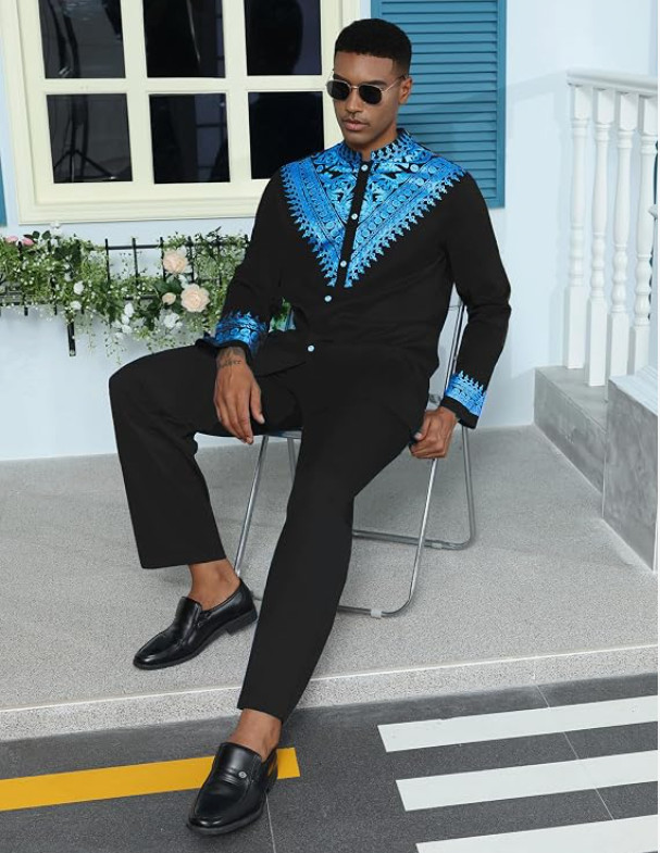 Mens Long African 2 Piece Set Nigerian Dashiki Metallic Traditional Suit