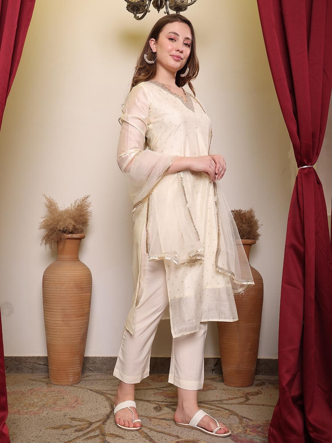 Women’s Solid Embroidred Chanderi Kurta, Pant and Dupatta Set
