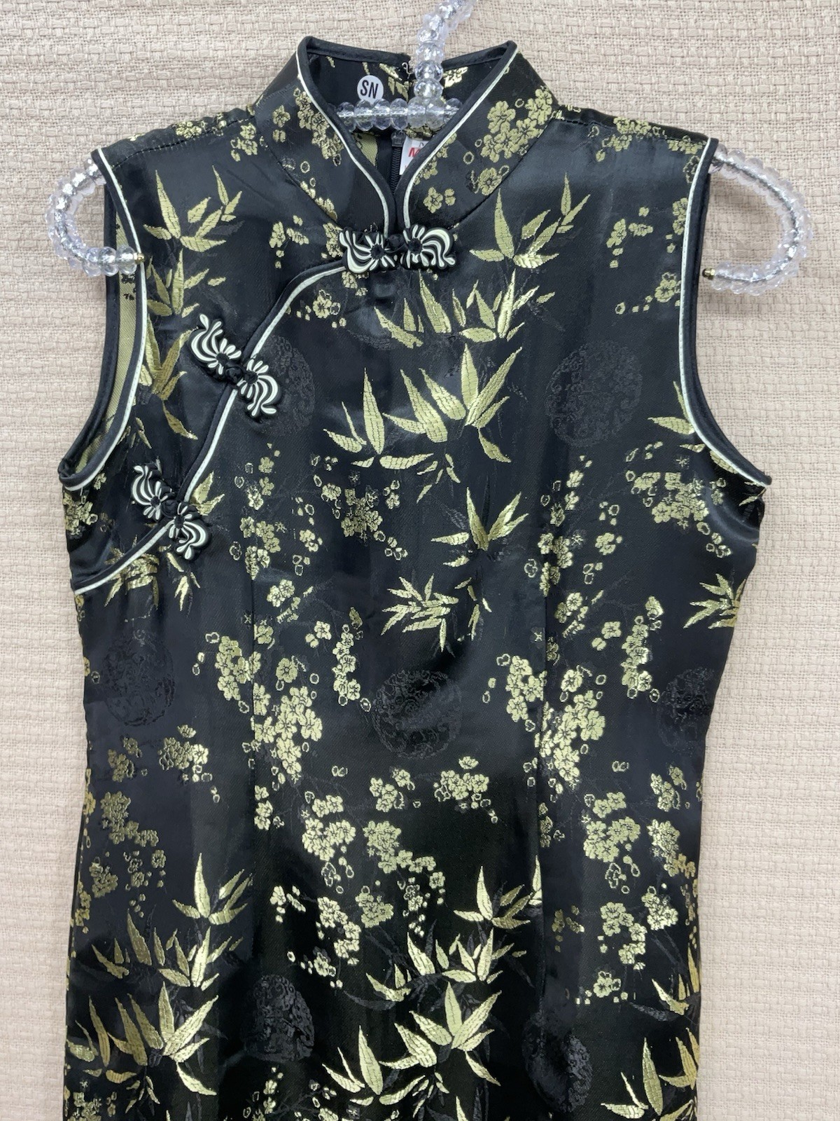 Mimi Oriental Cheongsam Qipao Dress Black Gold Floral Print Sleeveless Size M