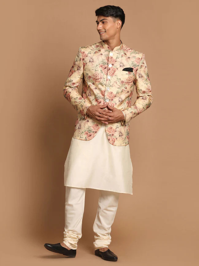 Men’s Beige Printed Jodhpuri And Cream Kurta Pyjama Set