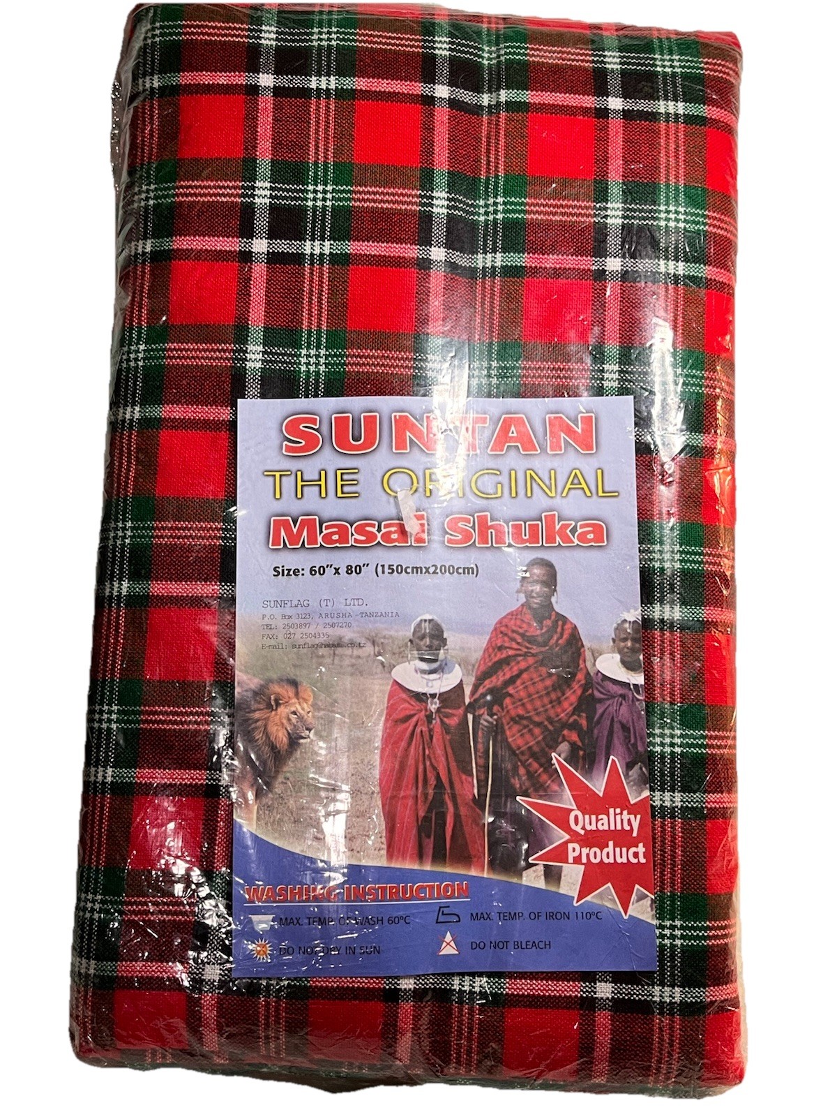 60″ × 80″ SUNTAN The Original Masai Shuka Red,Green&Black,New Open Package