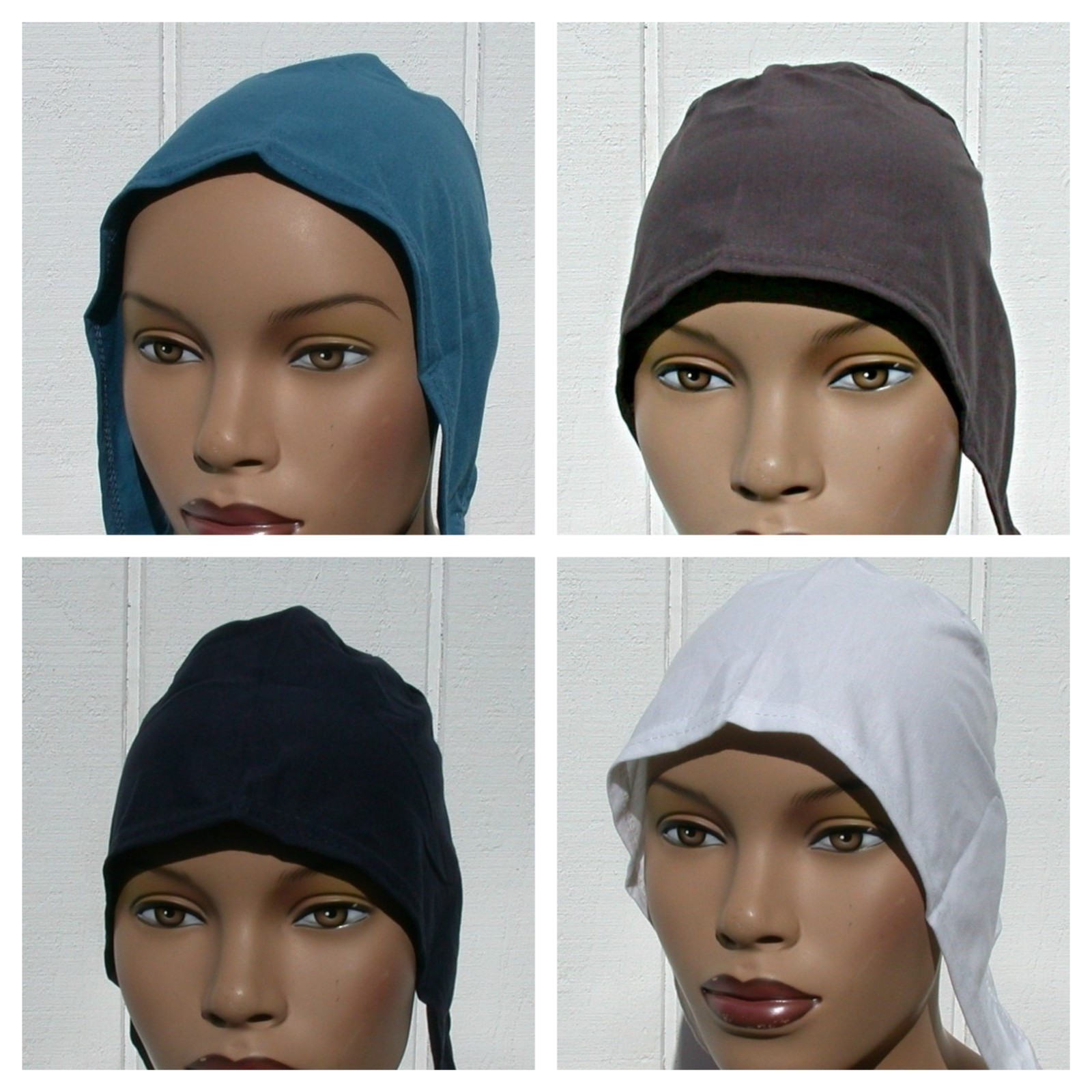 Set of 4 Cotton Tie Back Bonnet Hijab Undercap Modern Skullcap B&W Teal D. Grey