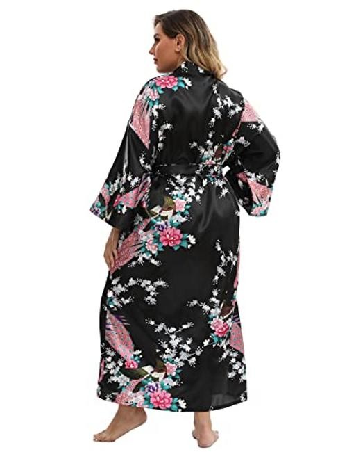 Women’s Floral Long Satin Robes Plus Size XX-Large-3X-Large Peacock | Black