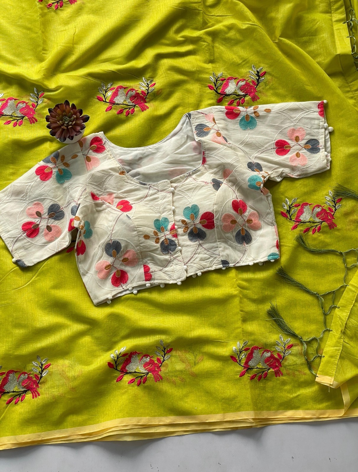 Chanderi Saree with Love Birds Work With Heavy Embroidered Full stitch Blouse.
