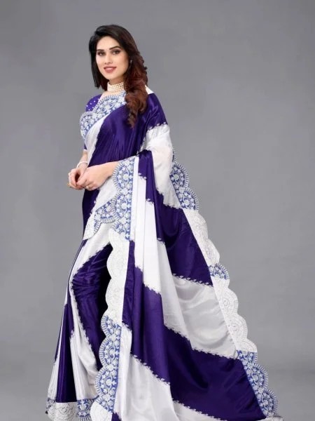 Chinon Silk Saree with Heavy Satin Blouse Purple White Embroidered Party Wear