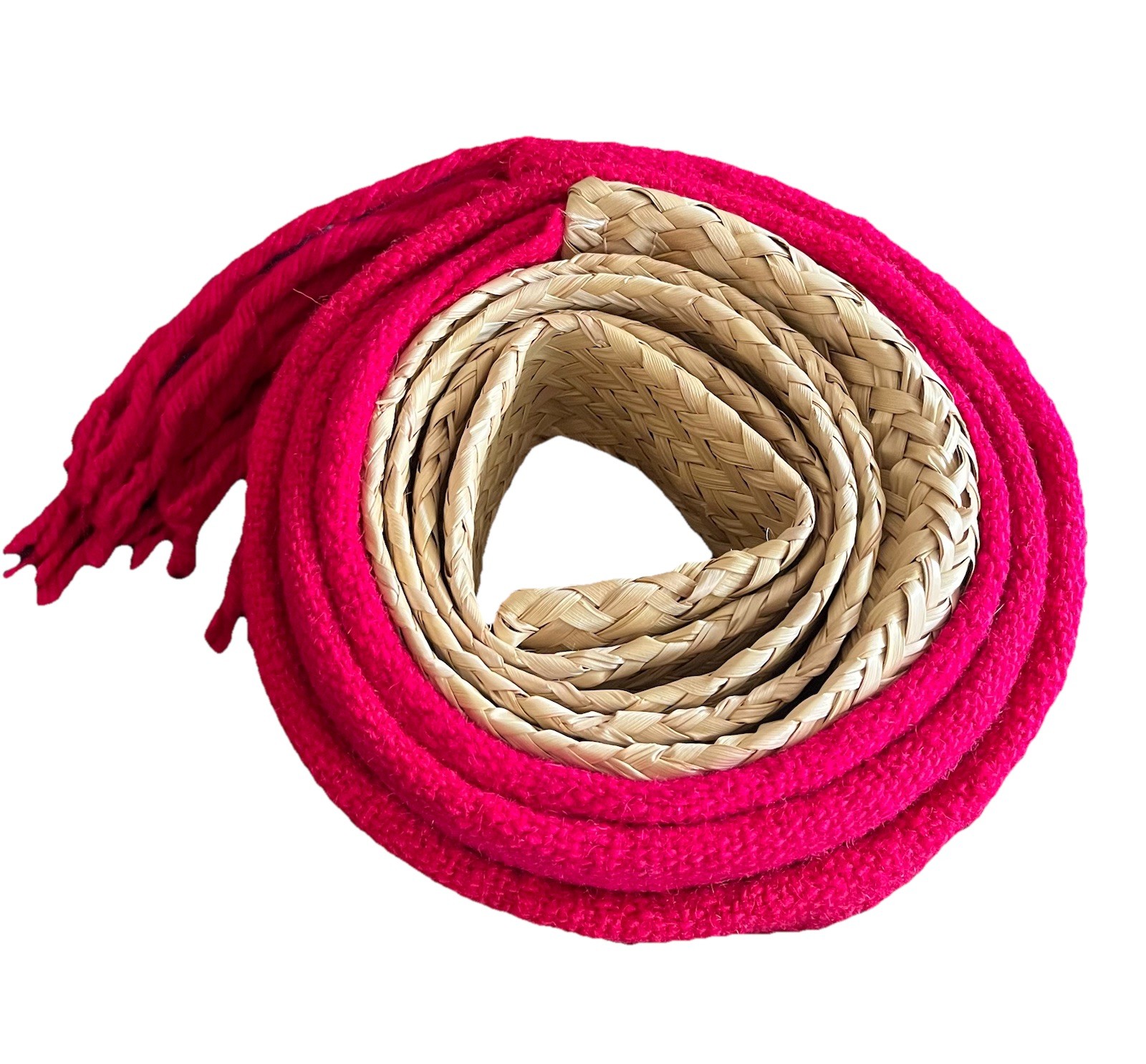 Rare 106″ MAYAN Woven Natural Rattan & Wool BELT Red From Mexico Vintage Rare