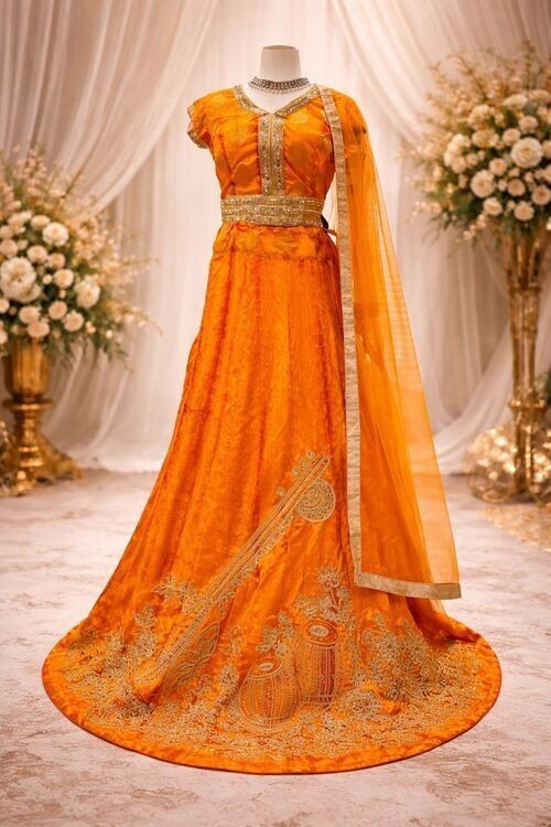 Vibrant Orange Lehenga Choli Set Silk Blend with Heavy Embroidery full stitched