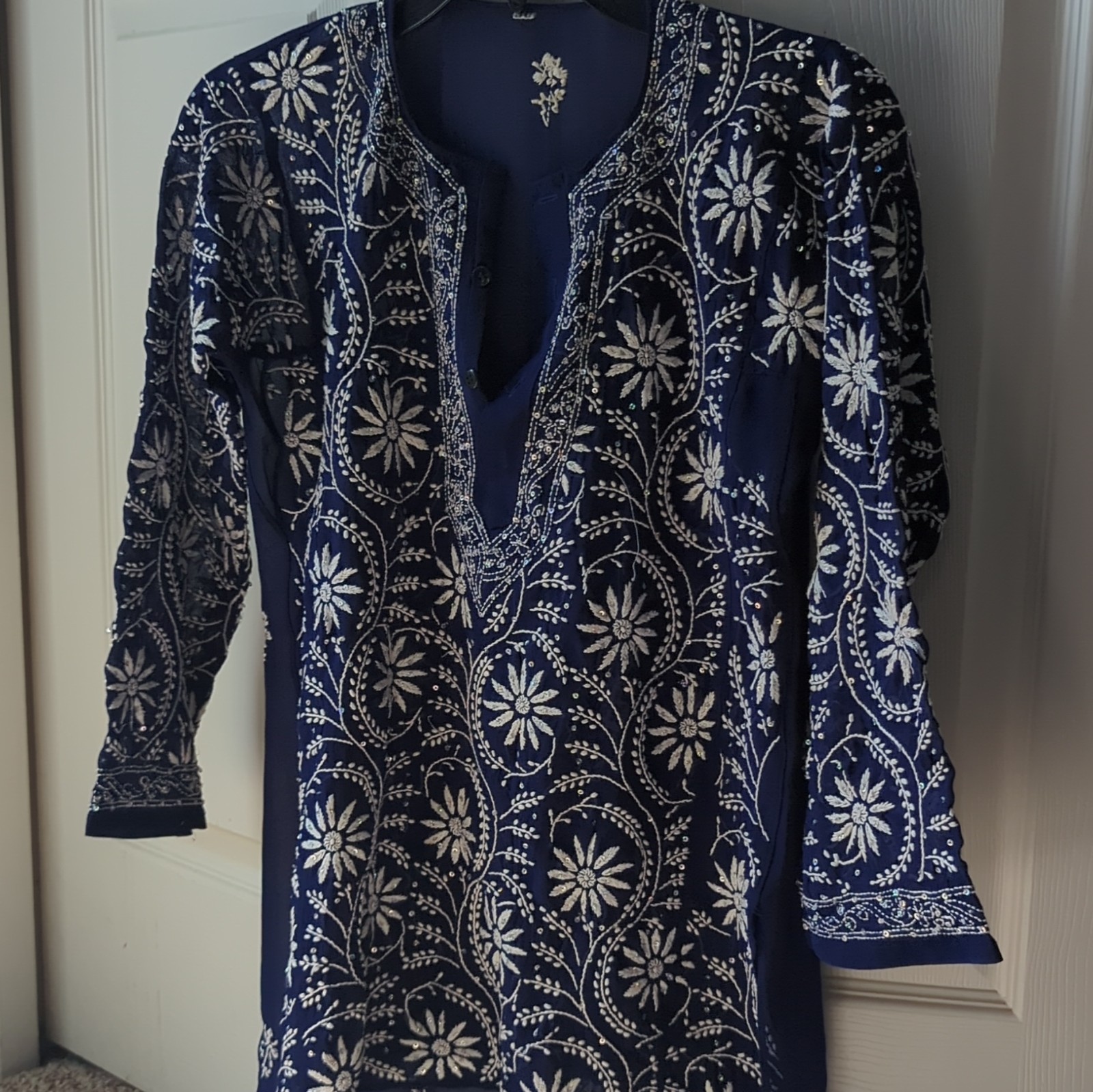 Blue Embroidered Kurta for Women, Sheer Floral, 3/4 Sleeve, Size L