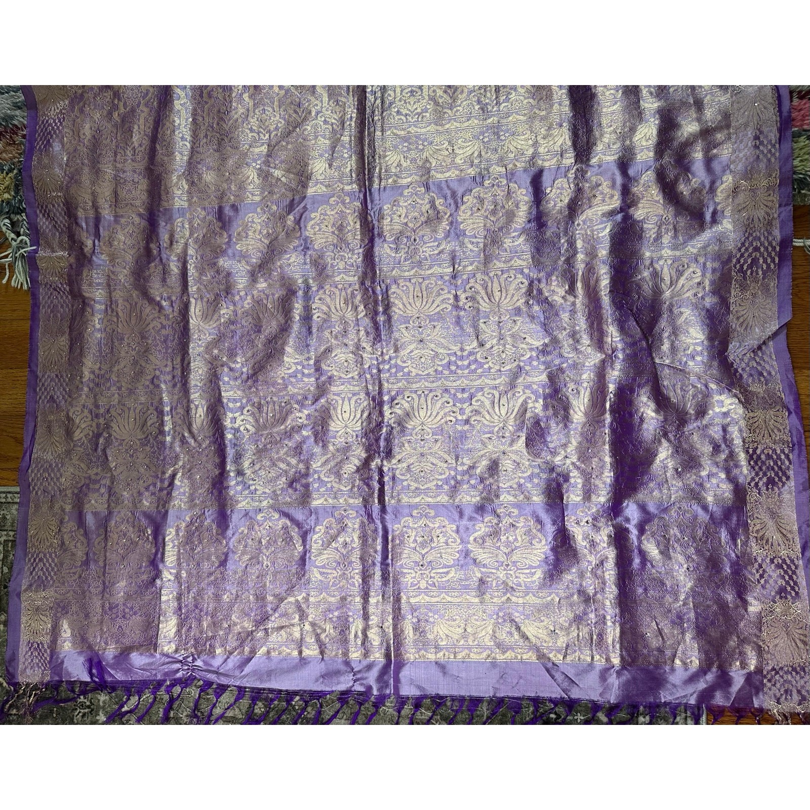 Silk saree lavender gold Paisley brocade 204×46” sari stunning luxurious