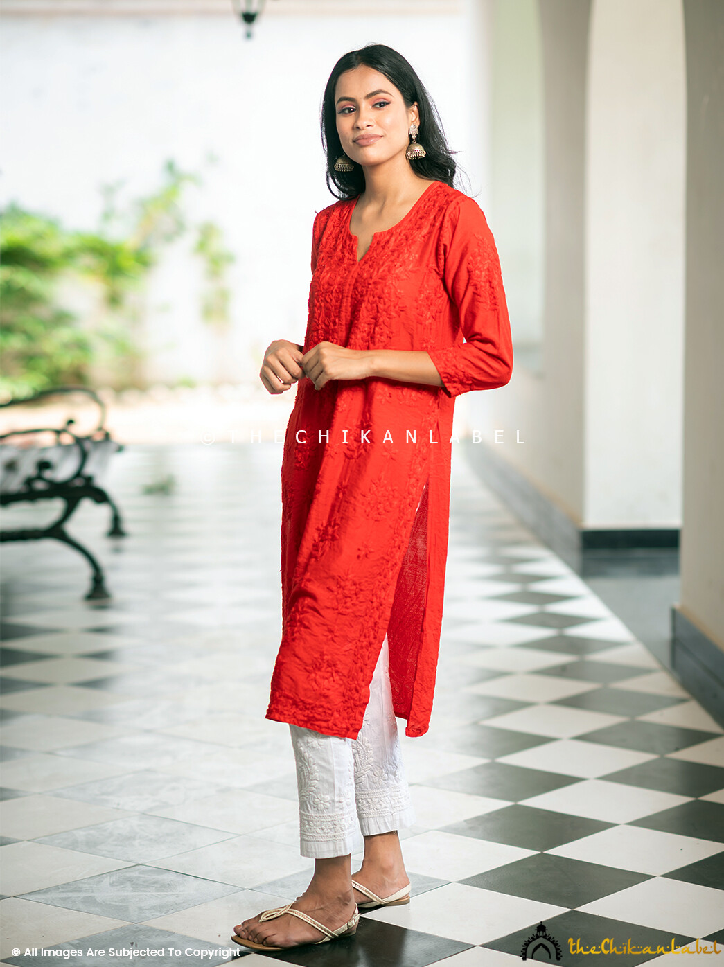 Red Iyada Chanderi Straight Chikankari Kurti Lucknow Chikankari Kurta Top