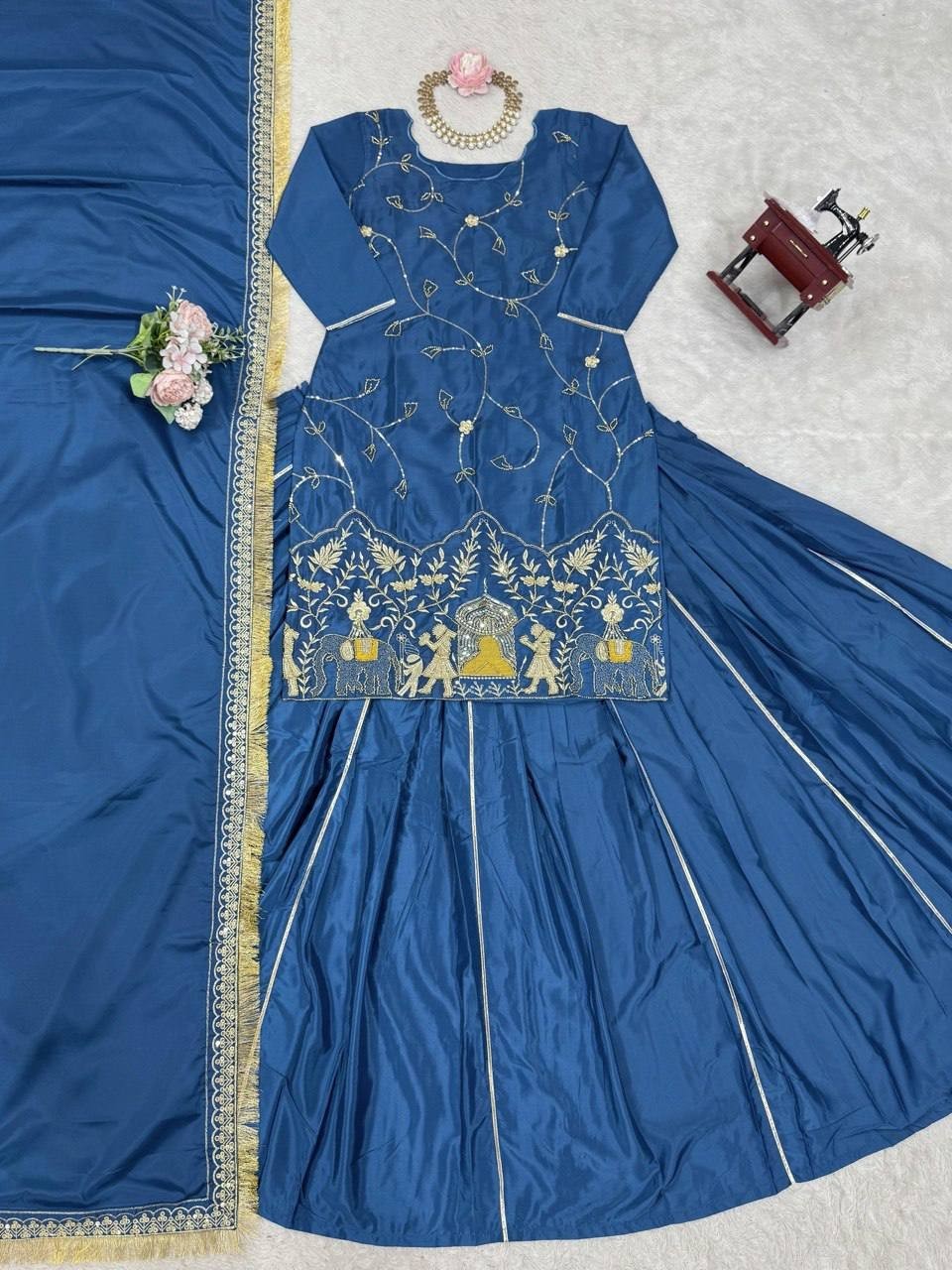 Stunning Look Natural Crep Silk Blue Top Lehenga With Dupatta For Festive Wear