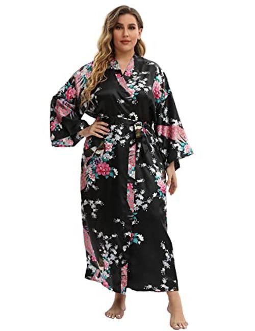 Women’s Floral Long Satin Robes Plus Size XX-Large-3X-Large Peacock | Black