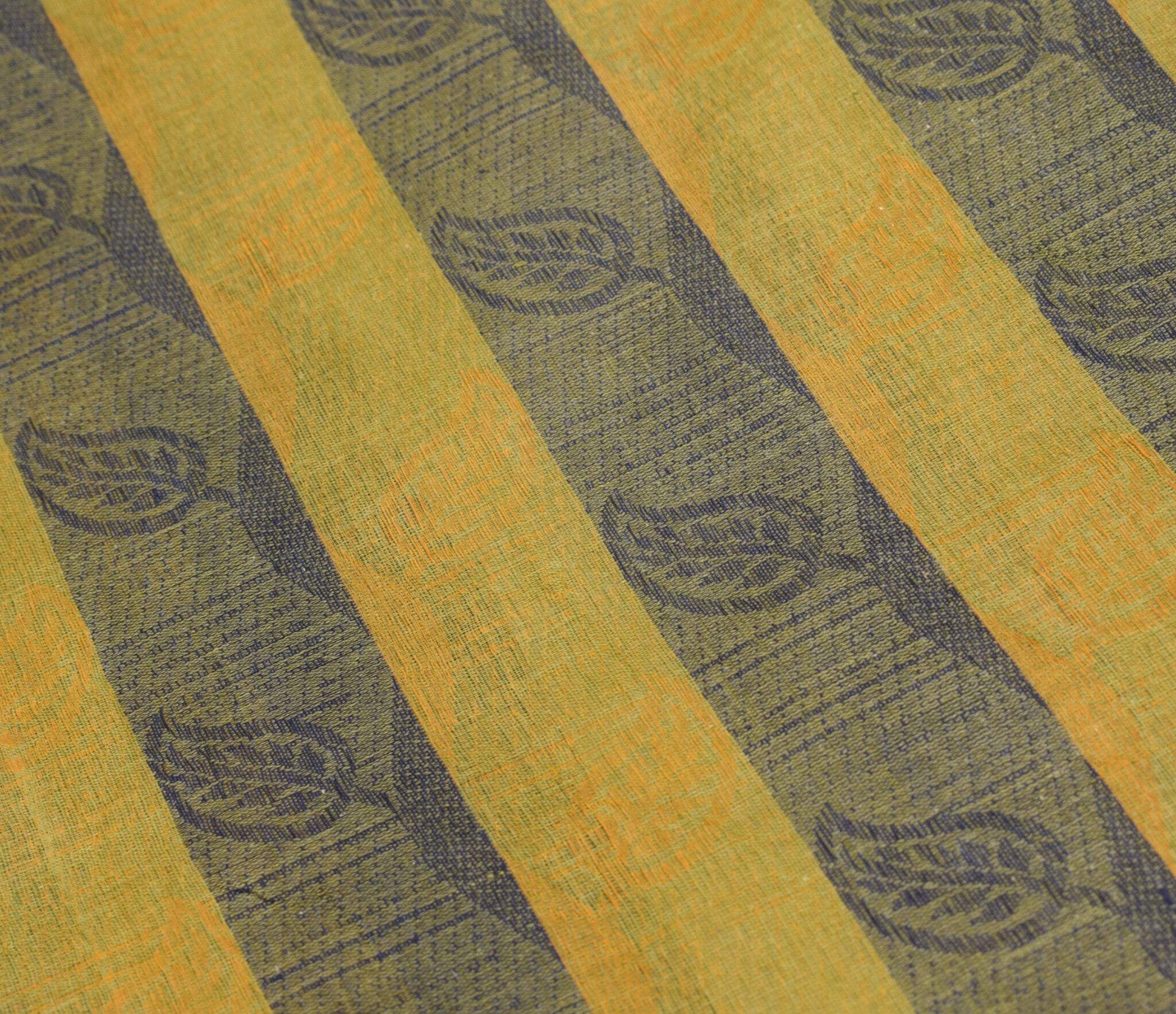 Sushila Vintage Pure Handloom Cotton Saree Yellow Blue Leaves Woven Sari Fabric