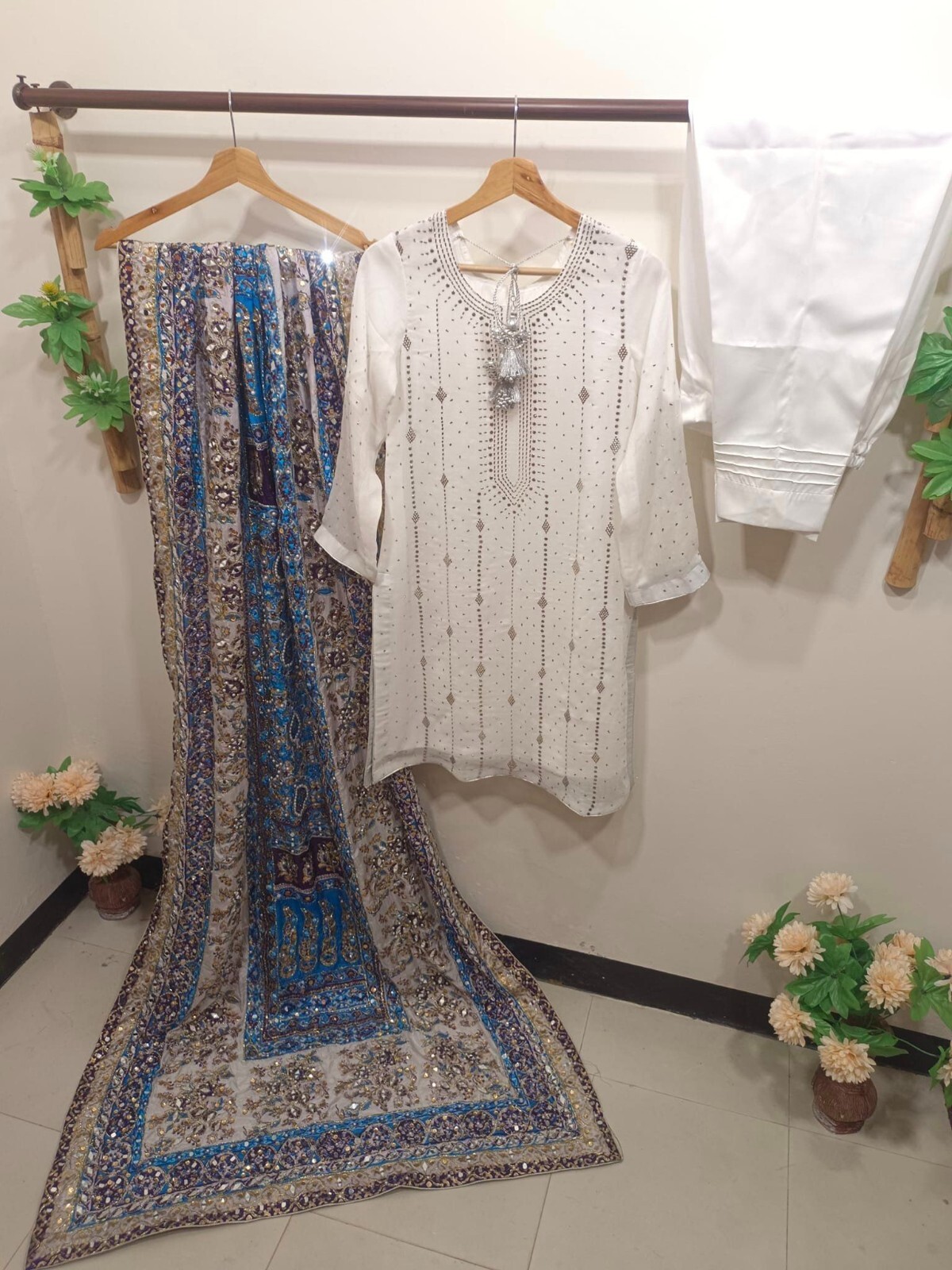 Handmade silver handwork heavy mirror work dupatta with beautiful suit party wea