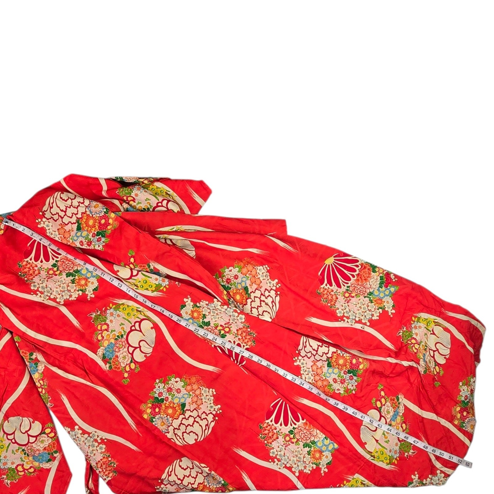 Vintage Kimono Handmade Red Printed Cotton Lined Asian Floral