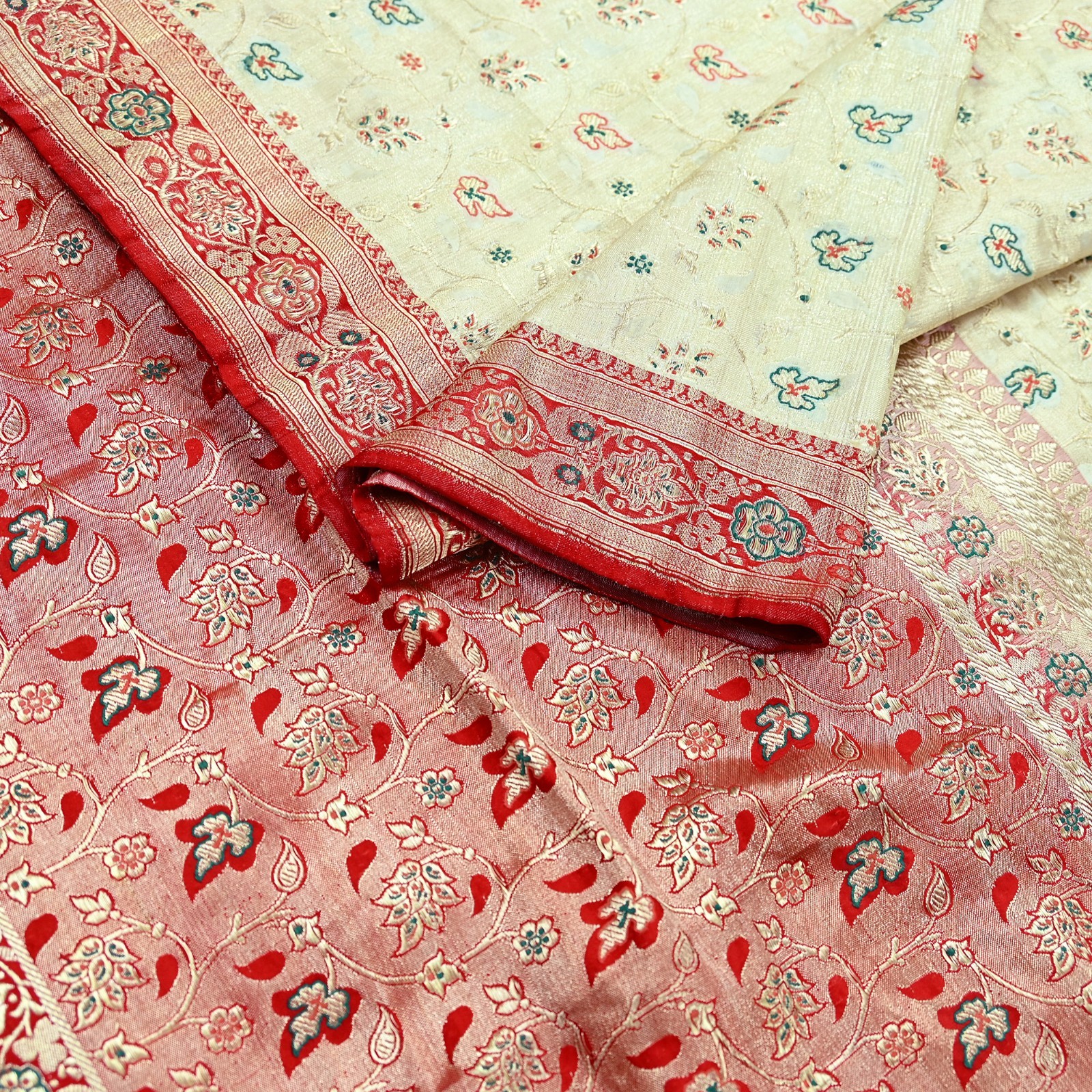 Indian Antique Vintage Heavy Sari Red & White Pure Satin Silk Hand Woven Saree