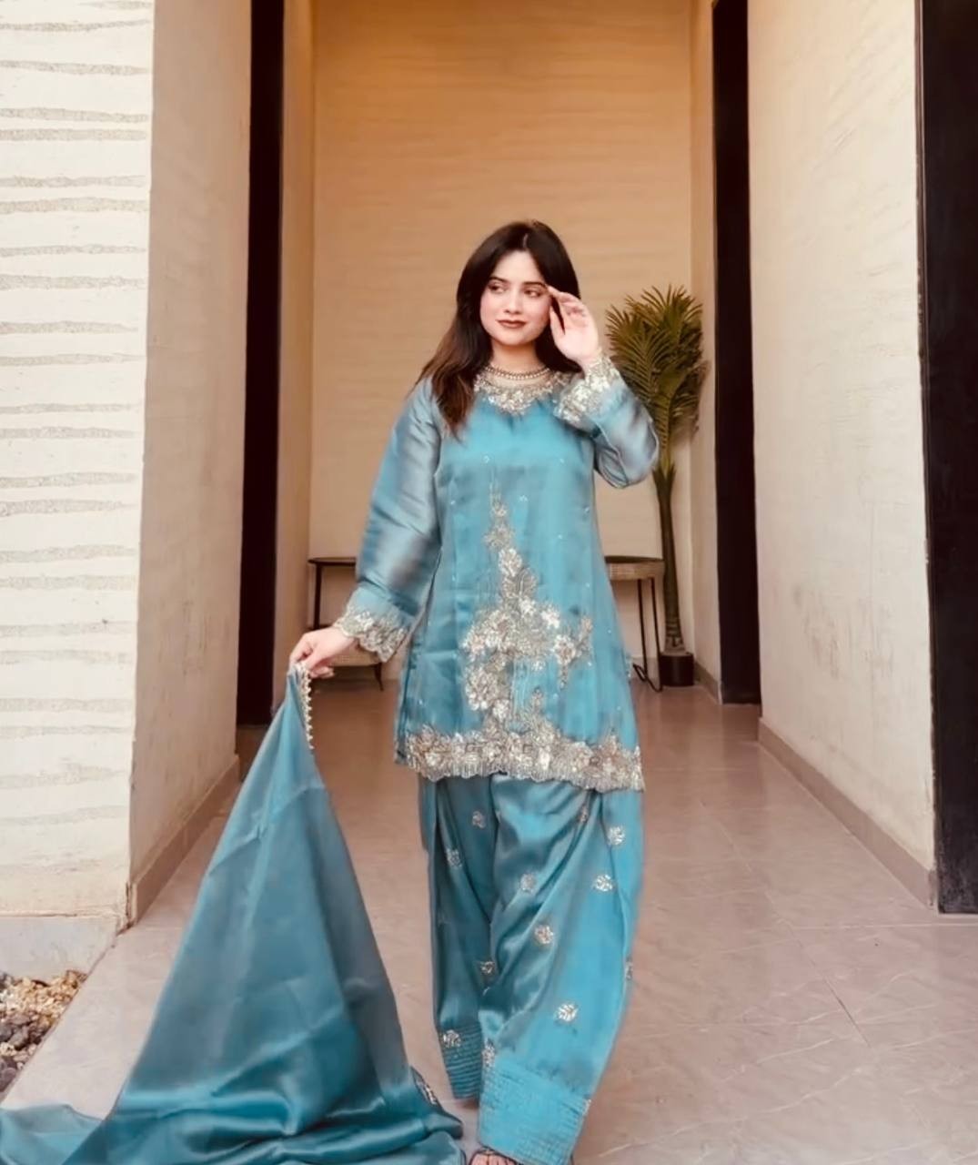 Beautiful Look Heavy Silk Teal Blue Top Bottom With Dupatta For Wedding Wear