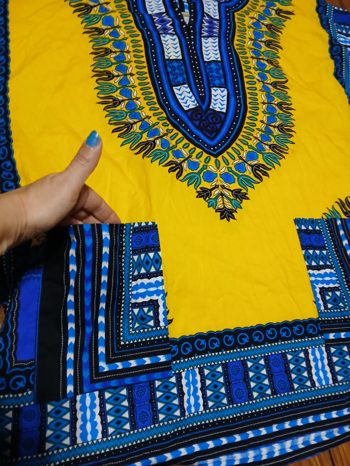 NF Dashiki shirt with front pockets Yellow/Blue 100% Cotton FREE SIZE