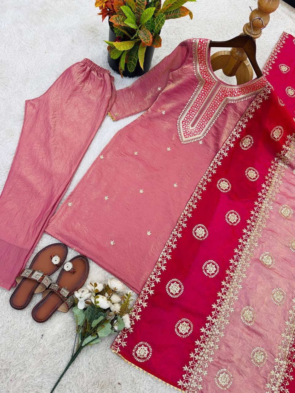 Bollywood Style Silk Pink Salwar Kameez With Fancy Dupatta For Party Wear