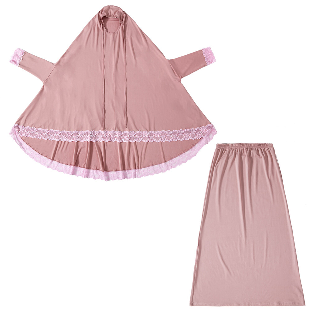 Two Piece Girls Kids Overhead Khimar Hijab Skirt Set Muslim Girls Prayer Dress