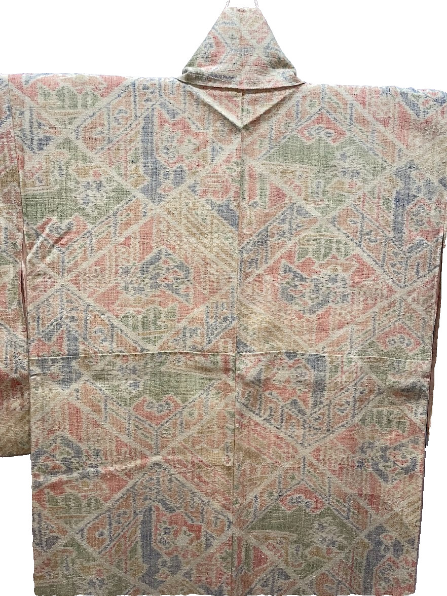 Vintage Tsumugi Kimono Silk Handwoven Geometric Pattern Japan Traditional Awase