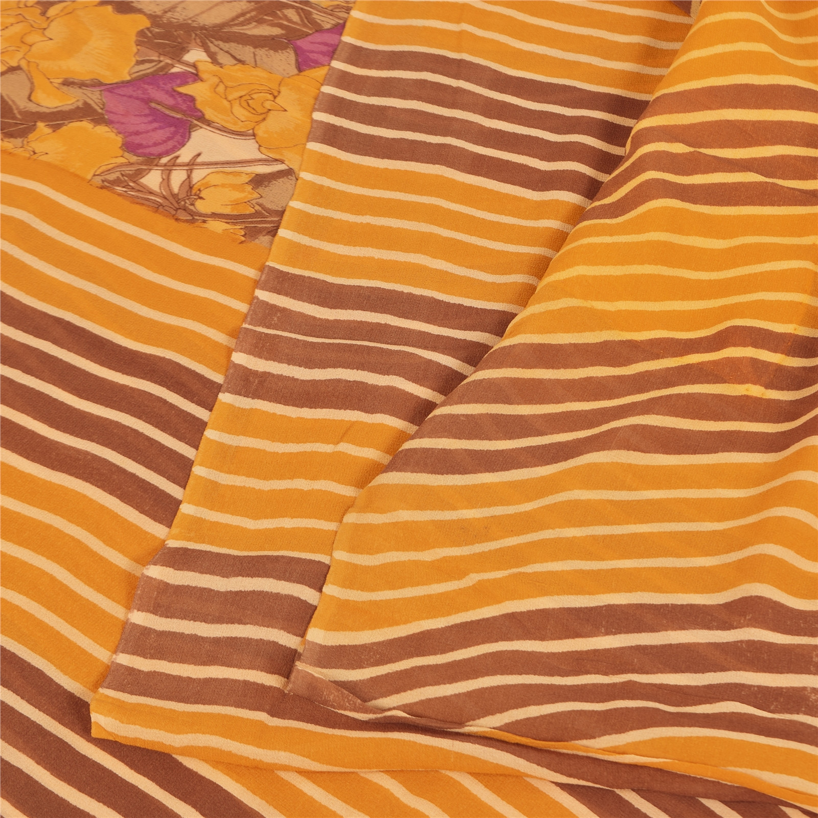 Sanskriti Vintage Sarees Yellow Pure Georgette Silk Print Sari 5+Yd Craft Fabric